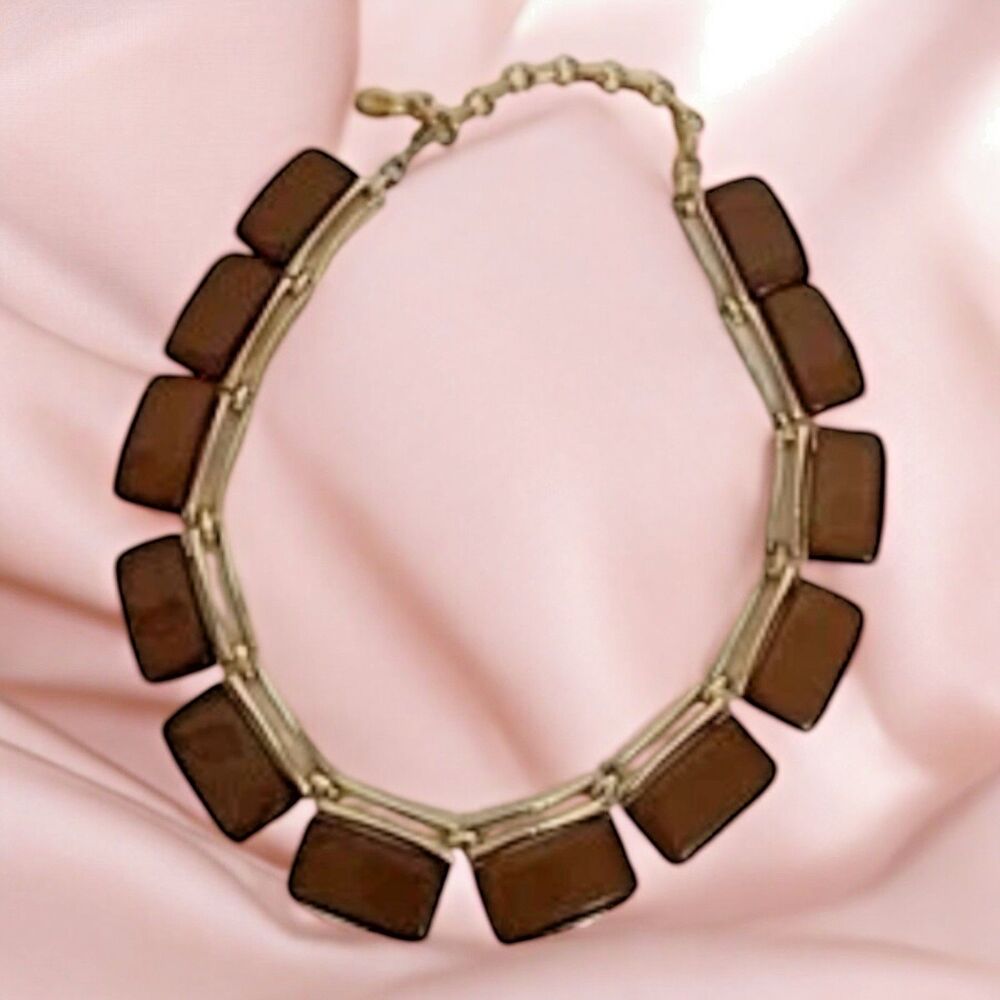 Vintage Lisner Lucite Necklace – Chocolate Brown Choker, Goldtone, 14 Inches